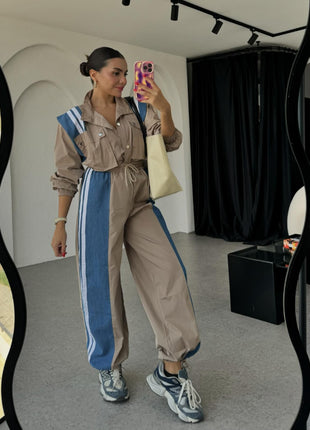 Niche Design Denim Patchwork Stripes Overall Suit Set