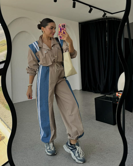 Niche Design Denim Patchwork Stripes Overall Suit Set