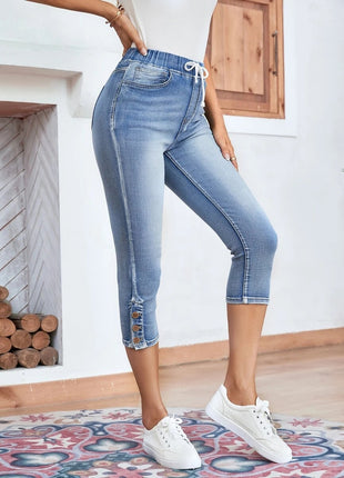 Elastic Waistband Lace-up Stretch Jeans