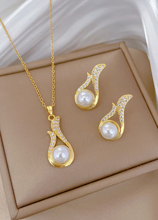 Luxury Full Diamond Pearl Necklace & Earrings Suite