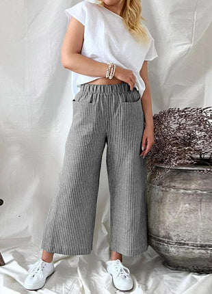 Loose Striped Cotton and Linen Wide-leg Pants