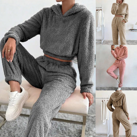 Autumn And Winter Plush Hooded Long Sleeve Pants Suit Set