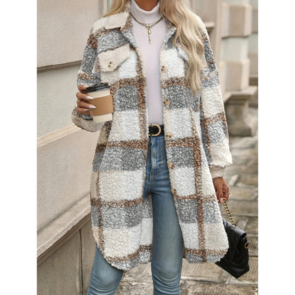 Lapel Colorblock Plaid Sense Padded Coat