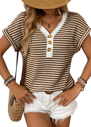 Summer V-neck Patchwork Button Pullover Short Sleeve Shirt