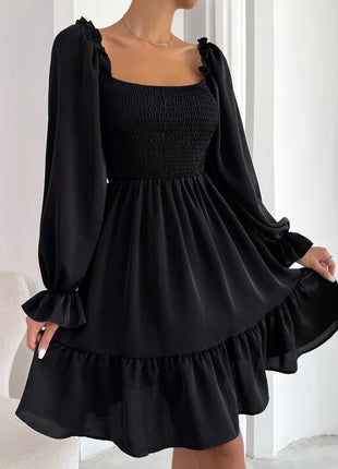 Square Collar Parallel Crepe Sewed Ruffled Hem Dress