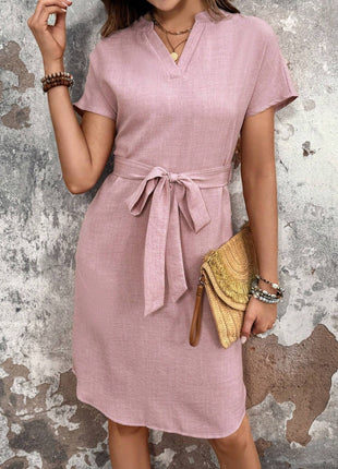 Mid-length V-neck Short Sleeve Bow Belt Dress