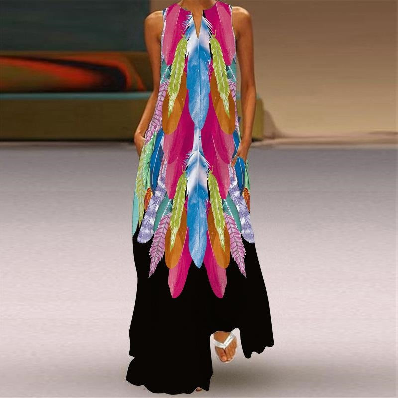 Digital Printed V-neck Sleeveless Maxi Dress