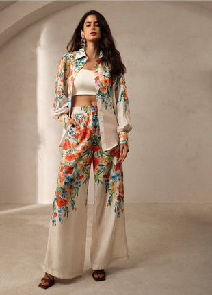 Casual Fashion Floral Print Women Blouse And Pants Suit