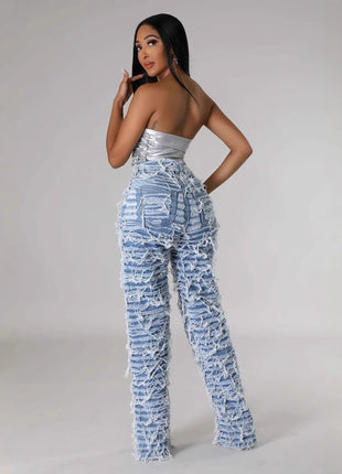 High Waist Edging Ripped Tassel Loose Denim Straight-leg Jeans