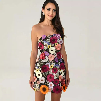 Embroidery Stitching Flowers Tube Hip Dress