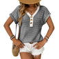 Summer V-neck Patchwork Button Pullover Short Sleeve