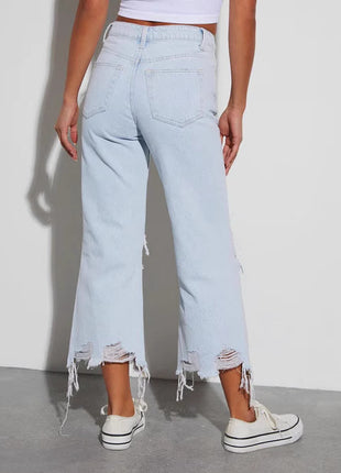 Casual Loose Mid Waist Ripped Cropped Jeans