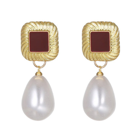 Hong Kong Style Wine Red Pearl Earrings