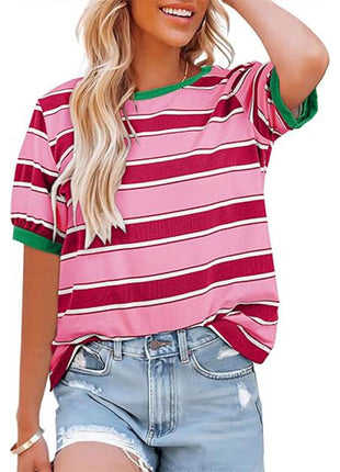 Round Neck Mosaic Large Striped Loose Shirt
