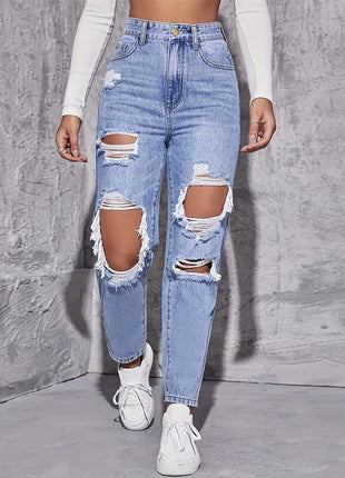 Casual High Waist Ripped Denim Jeans