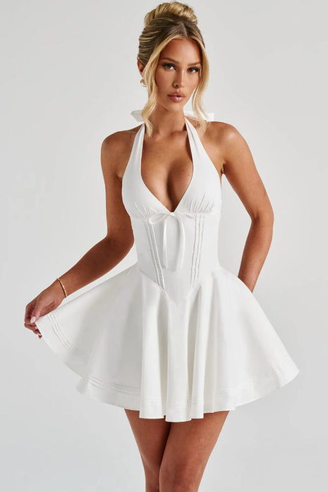 Deep V-neck Sleeveless Halter Bow Cinched Short Dress