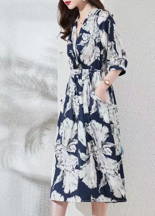 New Waist-controlled Lace-up Mid Sleeve V-neck Dress