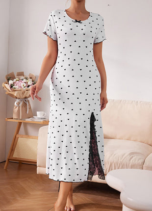 Round Neck Short Sleeve Love Slit Mid-Length Homeware