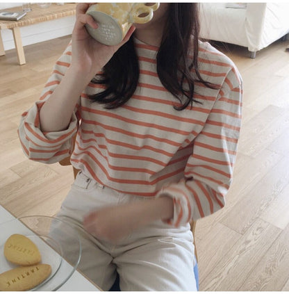 Korean Striped Long-sleeved Loose Inner Top