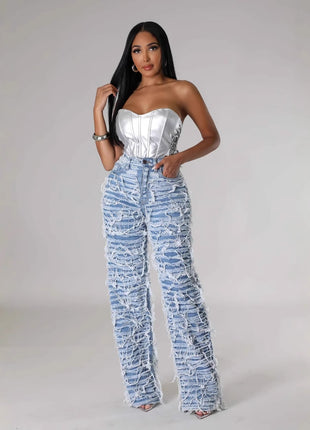 High Waist Edging Ripped Tassel Loose Denim Straight-leg Jeans