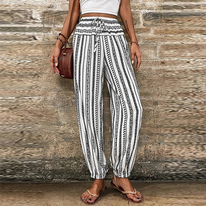 Striped Floral Print Casual Trousers