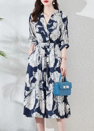 New Waist-controlled Lace-up Mid Sleeve V-neck Dress