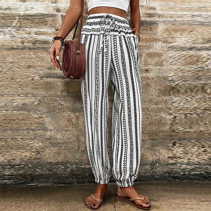 Striped Floral Print Casual Trousers