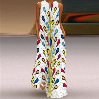 Digital Printed V-neck Sleeveless Maxi Dress