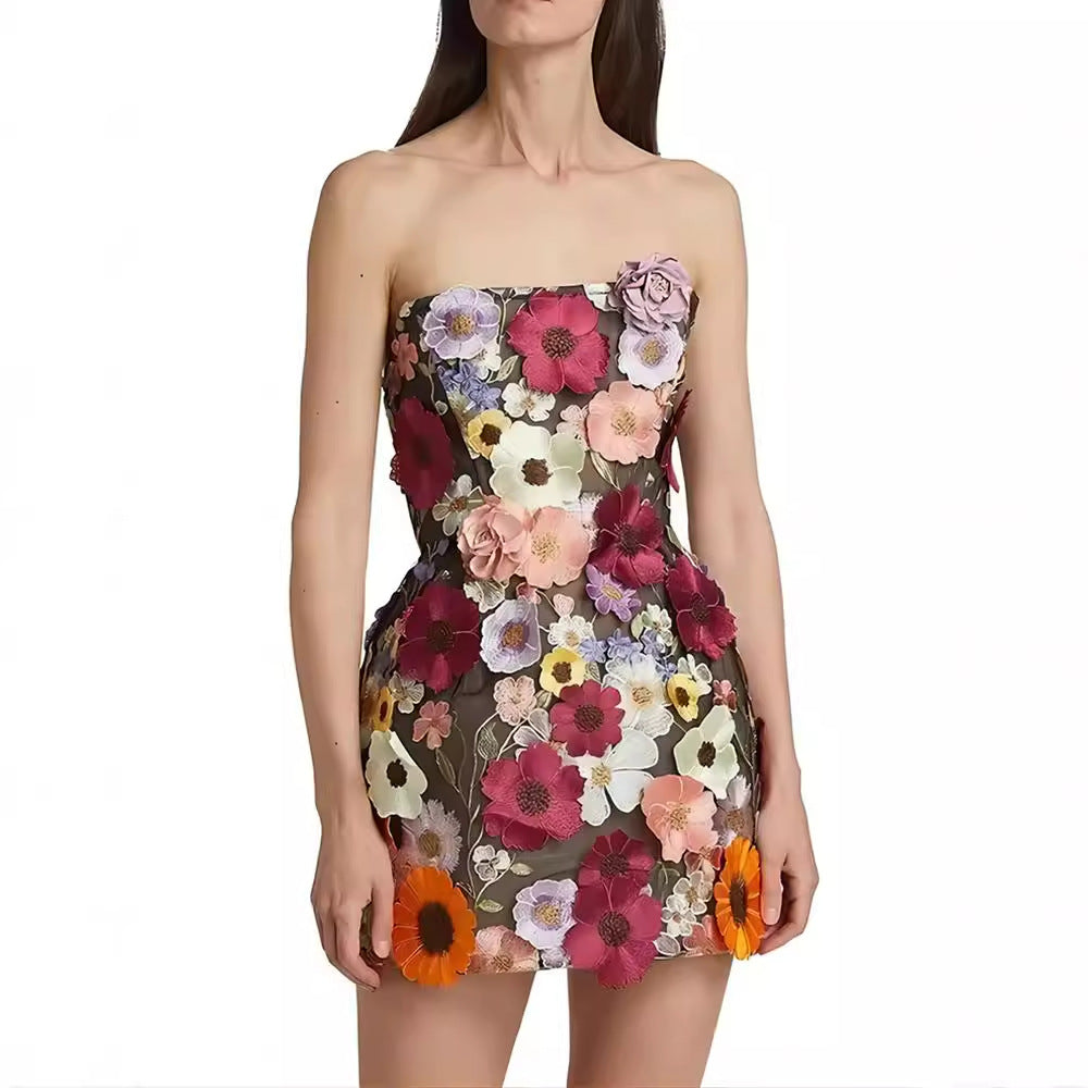 Embroidery Stitching Flowers Tube Hip Dress