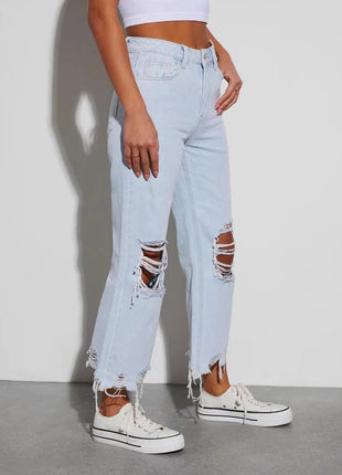 Casual Loose Mid Waist Ripped Cropped Jeans