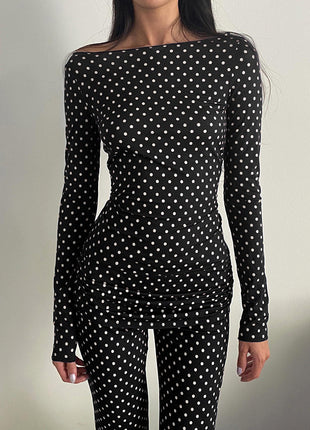 Polka Dot Bootcut Pants Stretch Slim-fit Top Two-piece Set
