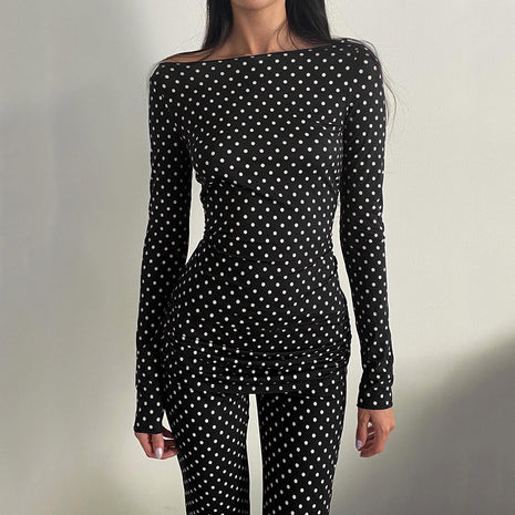 Polka Dot Bootcut Pants Stretch Slim-fit Top Two-piece Set