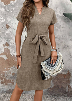 Mid-length V-neck Short Sleeve Bow Belt Dress