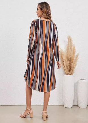 Elegant Striped Style Long Sleeve V-neck Dress