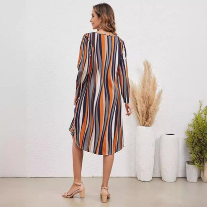 Striped Elegant Style Long Sleeve V-neck Dress