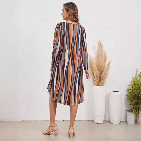 Striped Elegant Style Long Sleeve V-neck Dress