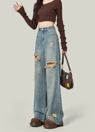 Simple Retro High Street Ripped Jeans