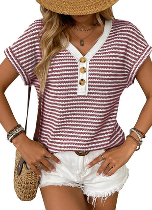 Summer V-neck Patchwork Button Pullover Short Sleeve Shirt