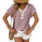 Summer V-neck Patchwork Button Pullover Short Sleeve