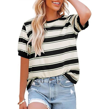 Round Neck Mosaic Large Striped Loose Shirt