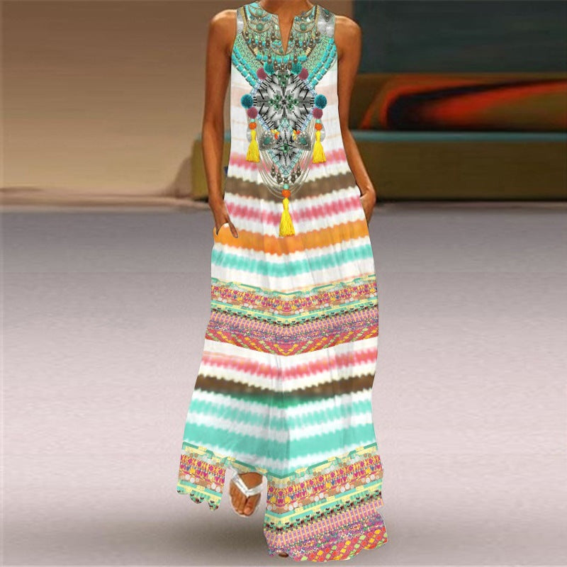 Digital Printed V-neck Sleeveless Maxi Dress