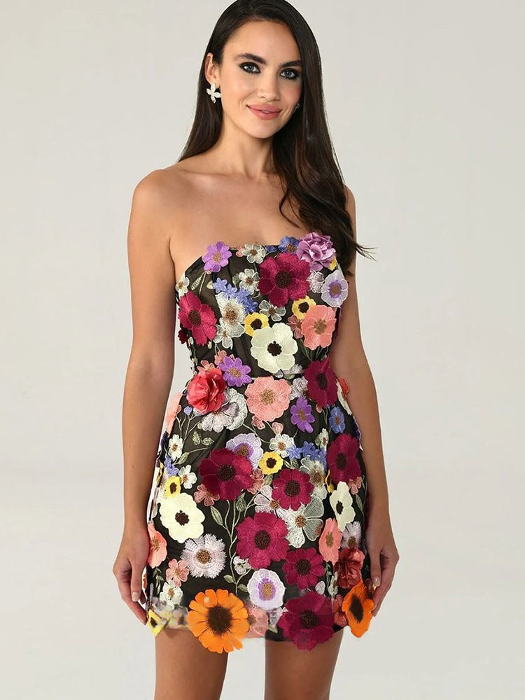 Embroidery Stitching Flowers Tube Hip Dress