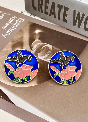 Pink Flower Blue Crystal Earrings