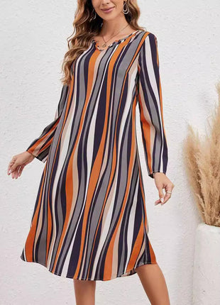 Elegant Striped Style Long Sleeve V-neck Dress