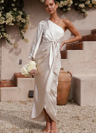 Oblique Shoulder Waist-controlled Lace-up Satin Lantern Sleeve Dress