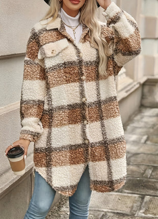 Lapel Colorblock Plaid Sense Padded Coat