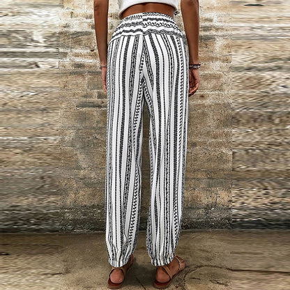 Striped Floral Print Casual Trousers