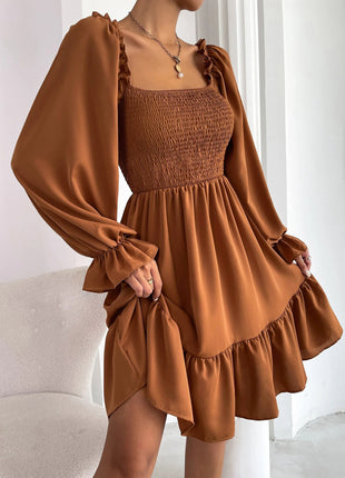 Square Collar Parallel Crepe Sewed Ruffled Hem Dress