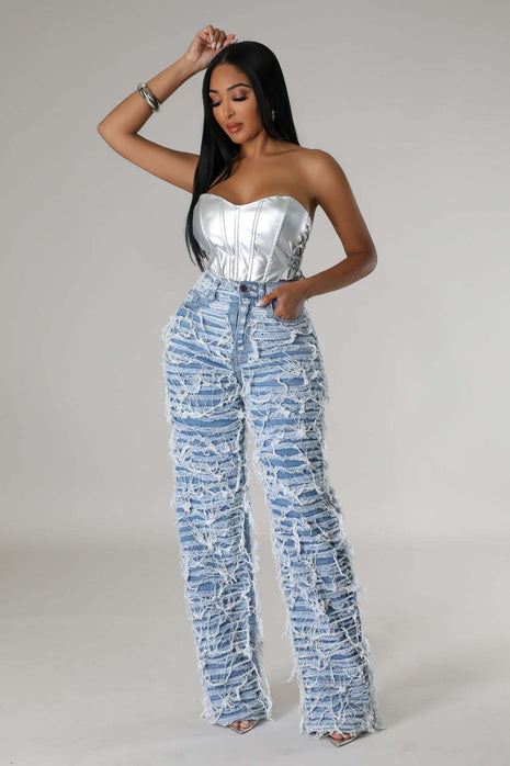 High Waist Edging Ripped Tassel Loose Denim Straight-leg Jeans