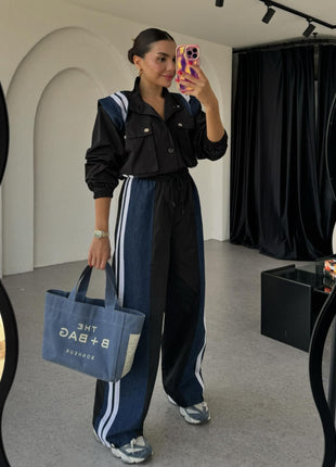 Niche Design Denim Patchwork Stripes Overall Suit Set